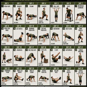Pode incluir: Um cartaz de desafio de treino militar de 28 dias com uma grelha de 28 rotinas de exercício diárias. Cada quadrado apresenta um dia numerado, o nome do exercício e uma demonstração visual de uma pessoa a realizar o movimento com repetições.