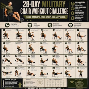 May include: A 28-day military chair workout challenge poster featuring a grid of 28 numbered exercise illustrations. Each box displays a person performing a specific movement on a chair with text labels for repetitions or time durations for each.