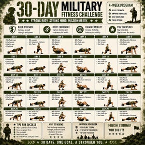 Reto de calistenia militar de 30 días para hombres, plan de entrenamiento con peso corporal, póster de entrenamiento tipo bootcamp en PDF