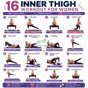 May include: A fitness chart titled 16 INNER THIGH WORKOUT FOR WOMEN featuring sixteen numbered exercise illustrations. Each section displays a person in purple athletic wear performing a specific movement on a mat with set and repetition counts.