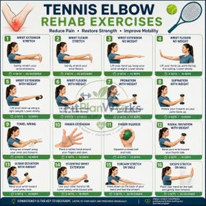 Może przedstawiać: Biały plakat informacyjny zatytułowany Tennis Elbow Rehab Exercises zawierający szesnaście ponumerowanych paneli. Każdy panel przedstawia osobę wykonującą określone ćwiczenie fizjoterapeutyczne wraz z instrukcjami tekstowymi, liczbą serii i powtórzeń.