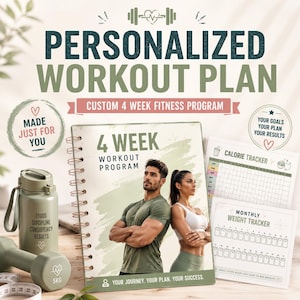 May include: A personalised workout plan set featuring a spiral-bound 4-week programme guide, a sage green water bottle with text, a 5kg dumbbell, a calorie tracker sheet, and a monthly weight tracker sheet. The text includes Personalised Workout Plan.