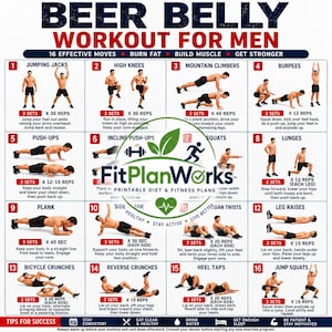 May include: A fitness chart titled BEER BELLY WORKOUT FOR MEN featuring 16 numbered exercise illustrations. Each section includes the exercise name, repetition counts, and instructional text. The FitPlanWorks logo is centred on the page.