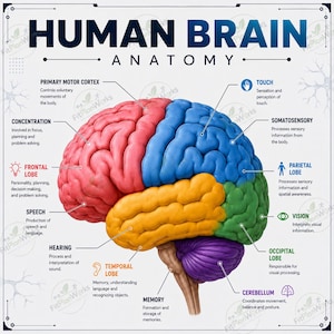 Human Brain Anatomy Poster, Brain Lobe Functions Digital Download, Medical Office Wall Art, Neurology Study Guide, Psychologist Decor PDF