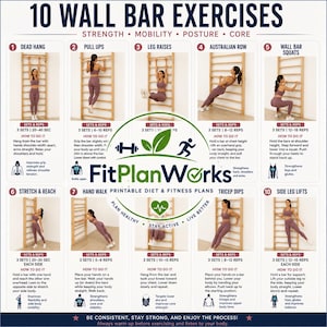 May include: A white informational poster titled 10 Wall Bar Exercises featuring ten numbered illustrations of a person performing fitness movements on a wooden wall bar. The center displays the FitPlanWorks logo with green leaf icons.