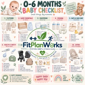 May include: A 0-6 months baby checklist infographic titled 'Small things. Big moments.' featuring ten categories including clothing, sleep, diapering, feeding, bath, health, gear, and extras, with illustrations of baby items and the FitPlanWorks logo.
