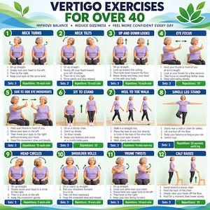 Könnte beinhalten: Eine Anleitungstafel mit dem Titel Vertigo Exercises for Over 40, die zwölf nummerierte Felder mit Illustrationen einer Person in einem violetten Shirt zeigt, die körperliche Bewegungen wie Nackendrehungen, Neigungen und Gleichgewichtsübungen demonstriert.