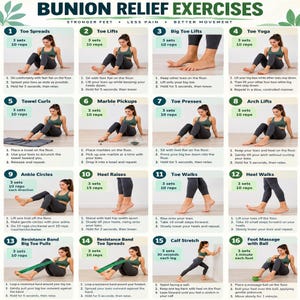 Op de afbeelding: Een instructiekaart getiteld Bunion Relief Exercises met zestien genummerde panelen. Elk paneel toont een foto van een persoon die een specifieke voetoefening uitvoert, vergezeld van instructies, het aantal sets en het aantal herhalingen.
