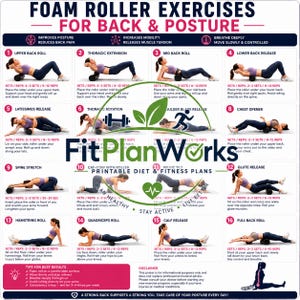 Peut inclure: Une affiche pédagogique intitulée FOAM ROLLER EXERCISES FOR BACK & POSTURE présentant seize illustrations numérotées d'une personne effectuant divers exercices avec un rouleau en mousse, incluant des instructions, séries, répétitions et un avertissement.