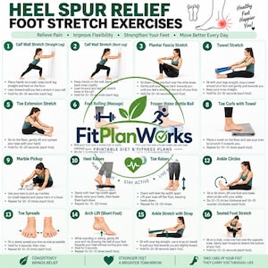 May include: An instructional chart titled HEEL SPUR RELIEF FOOT STRETCH EXERCISES by FitPlanWorks. It features sixteen numbered panels with illustrations and text instructions for various foot and calf stretches, including wall stretches, towel exercises, and toe movements.