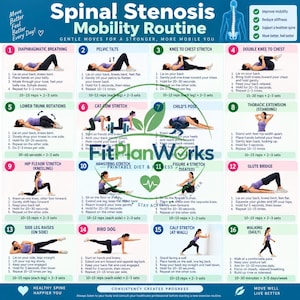 Puede incluir: Un póster instructivo azul y blanco titulado Spinal Stenosis Mobility Routine. Contiene dieciséis diagramas de ejercicios numerados con ilustraciones de una persona realizando movimientos, junto con instrucciones paso a paso y conteos de repeticiones.