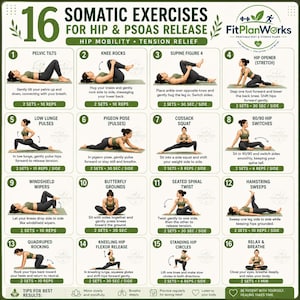 Könnte beinhalten: Eine Anleitungstafel mit dem Titel 16 Somatic Exercises for Hip & Psoas Release von FitPlanWorks. Sie zeigt sechzehn nummerierte Illustrationen einer Person in olivgrüner Sportkleidung, die verschiedene Dehnübungen mit Anleitungen und Wiederholungen ausführt.