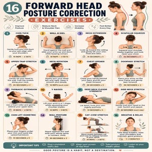 May include: An instructional chart titled 16 Forward Head Posture Correction Exercises featuring numbered illustrations of a person performing various stretches and movements, including chin tucks, wall angels, and neck rotations with text instructions.