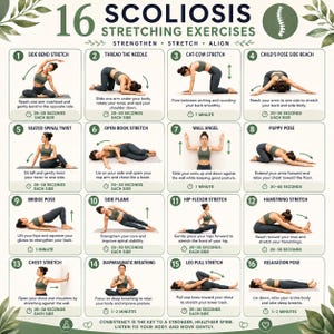 Könnte beinhalten: Eine 16-stufige Anleitungstafel mit dem Titel 16 SCOLIOSIS STRETCHING EXERCISES, die eine Person in olivgrüner Sportkleidung bei verschiedenen Übungen wie Dehnungen, Planks und Posen zeigt, inklusive Textanweisungen und Zeitangaben.