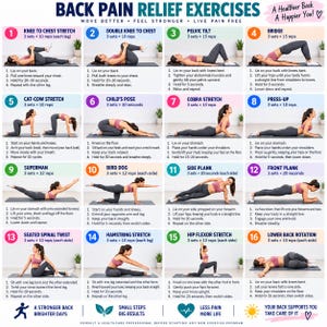 May include: An instructional chart titled Back Pain Relief Exercises featuring sixteen numbered panels. Each panel displays a person performing a specific exercise with step-by-step text instructions, including stretches like knee to chest, bridge, cobra, and planks.