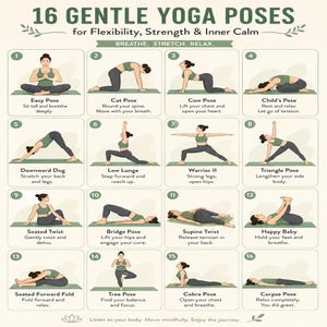 Op de afbeelding: Een poster met de titel 16 GENTLE YOGA POSES for Flexibility, Strength & Inner Calm. Het bevat zestien genummerde illustraties van een persoon in verschillende yogahoudingen, waaronder Easy, Cat, Cow, Child's, Downward Dog, Low Lunge, Warrior II.