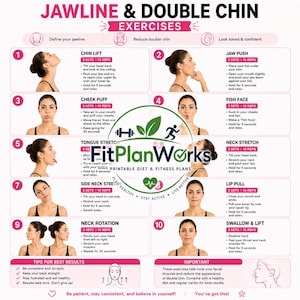 Peut inclure: Une infographie pédagogique intitulée JAWLINE & DOUBLE CHIN EXERCISES par FitPlanWorks. Elle présente dix étapes numérotées avec des illustrations d'une personne effectuant des mouvements faciaux, incluant des étirements du cou et du visage.