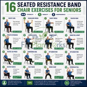 Op de afbeelding: Een instructieposter getiteld 16 Seated Resistance Band Chair Exercises for Seniors, met zestien genummerde illustraties van een persoon die verschillende oefeningen uitvoert met een weerstandsband terwijl deze op een stoel zit, inclusief tekstinstructies.