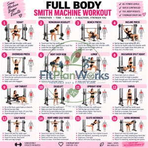 Op de afbeelding: Een full-body Smith machine workout schema met zestien genummerde oefeningen. Elke sectie bevat een titel, een visuele weergave van een persoon die de beweging uitvoert en instructies voor squats, deadlifts, presses en lunges.