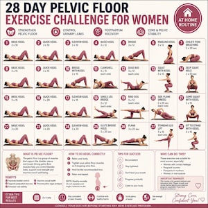 May include: A 28-day pelvic floor exercise challenge chart for women featuring 28 numbered illustrations of various physical poses. The document includes text instructions, benefits, tips for success, and a diagram of the pelvic floor anatomy.