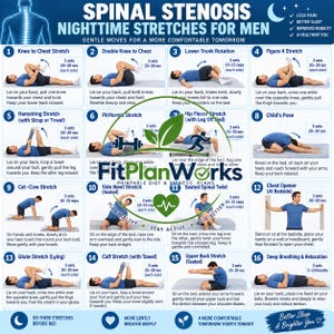 May include: An instructional chart titled Spinal Stenosis Nighttime Stretches for Men, featuring sixteen numbered illustrations of exercises. Each panel includes a blue-toned graphic of a person performing a stretch, text instructions, and repetition counts.