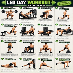 May include: A white instructional poster titled Leg Day Workout for Men featuring sixteen numbered exercise illustrations. Each section displays a person performing a specific leg movement with equipment, accompanied by set, repetition, and step-by-step instructions.