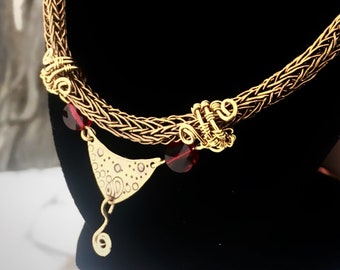 Necklace - Bronze, Gold Viking Knit -Red Swarovski Crystals and Brass hand stamped half moon pendant