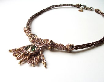 Celtic Princess Necklace - Beadwoven, Viking Knit, with Swarovski Crystal in Green, Gold, and Bronze