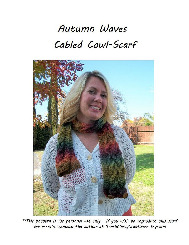 PDF Knitting Pattern: Autumn Waves Cabled Cowl-Scarf. Circle Scarf. Buttoned. Rustic. Fall Colors. Cozy. DIY Accessory. image 2