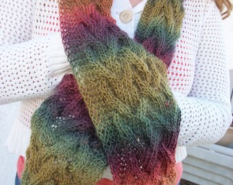 PDF Knitting Pattern: Autumn Waves Cabled Cowl-Scarf.  Circle Scarf. Buttoned.  Rustic. Fall Colors. Cozy. DIY Accessory.