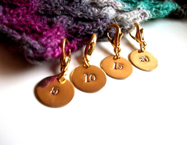 Removable Knit Stitch Markers. Row Marker. Row Counter. Knitters Gift Set of Four, Round, Brass. image 2