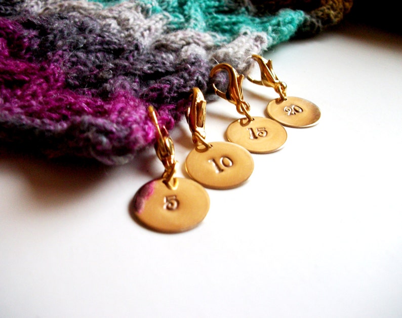 Removable Knit Stitch Markers. Row Marker. Row Counter. Knitters Gift Set of Four, Round, Brass. image 4