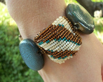 Bead Woven Animal Print Bracelet in Blue & Brown with Toggle