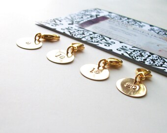 Removable Knit Stitch Markers. Row Marker.  Row Counter.  Knitters Gift Set of Four, Round, Brass.