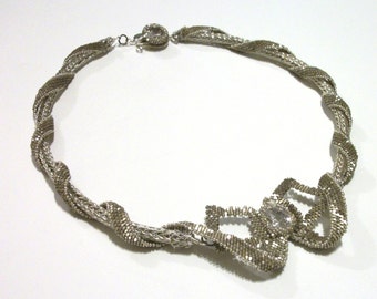 Beaded Ribbons & Bows Special Occasion Necklace - Cubic Zirconium and Viking Knit in Silver