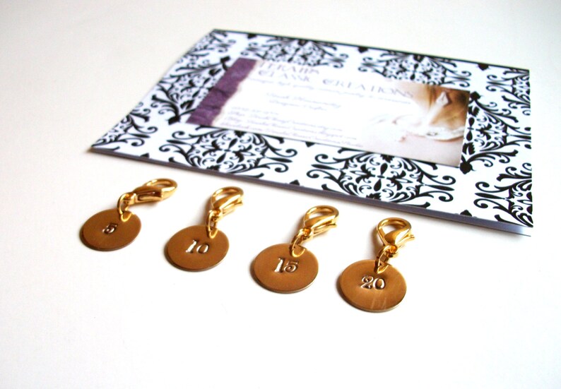 Removable Knit Stitch Markers. Row Marker. Row Counter. Knitters Gift Set of Four, Round, Brass. image 3