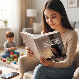 May include: A woman seated in a beige armchair reads a book titled "ONLINE MARKETING STAY AT HOME MOMS." The book cover features a photo of a woman using a phone. A child plays with blocks in the background.