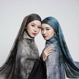 May include: Two women wearing matching headscarves and shawls. The headscarves are dark gray and blue with a marbled pattern. The shawls drape over their shoulders and chest. The women are facing the camera, with one woman's hand resting on the other's shoulder.