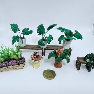 Op de afbeelding: Miniatuur poppenhuisplanten en bloemstukken. De collectie omvat groene bladplanten in witte potten, een rechthoekige mand met paarse bloemen en een kleine gele vaas met roze bloemen. Er is ook een munt van 20 cent aanwezig.