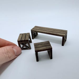 Miniature bench and stool set, 1:24 scale, wood