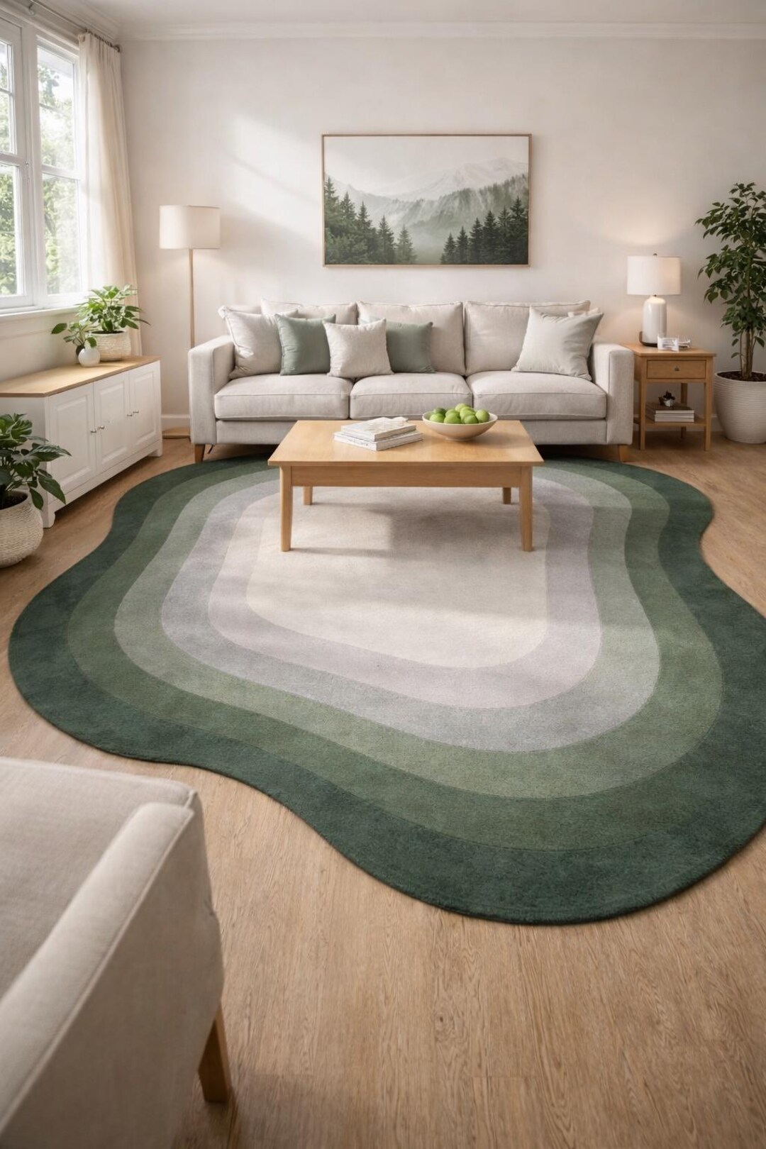 Organic Shape Green Wool Blend Area Rug | Modern Abstract Carpet, Soft ...