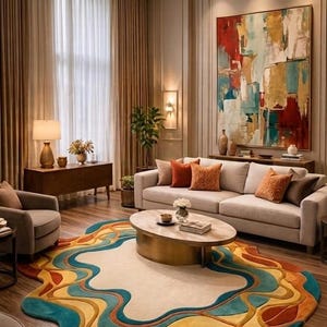 Handgetuft wollen vloerkleed, abstract organisch gevormd tapijt, turquoise roestbeige woonkamer