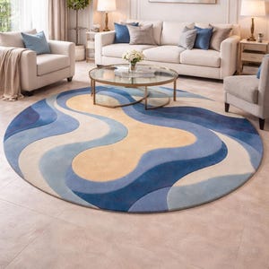 Tapis rond en laine tufté main - Motif vague abstraite bleu beige, décoration douce