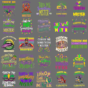 May include: A selection of vibrant graphic designs featuring the text "Throw Me Something Mister" in diverse fonts and layouts. The designs incorporate Mardi Gras masks, jesters, and other celebratory motifs.