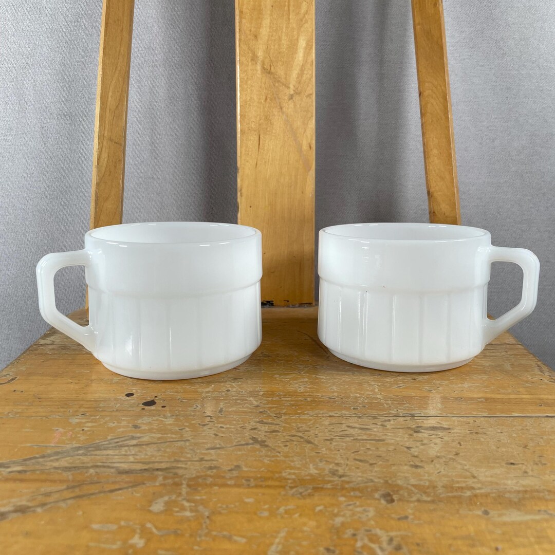 Set of 2 Vintage Federal Glass White Milk Glass Mugs | Ribbed Base