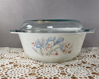 Vintage Pyrex Casserole Dish With Lid | Blue Iris Floral Milk Glass (Minor Chip)
