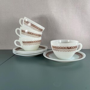 Vintage Termocrisa Milk Glass Cup Saucer Set of 4 | Brown Seedling Wheat Pattern