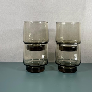 Set of 4 Vintage Libbey Tawny Accent Smoke Brown Stacking Glasses