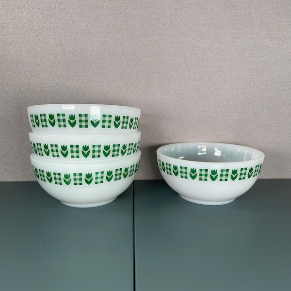 Vintage Termocrisa Milk Glass Bowls | Set of 4 | Green Tulip & Gingham Pattern