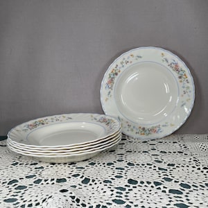 May include: A stack of white ceramic plates with a floral design and a blue rim. The plates are stacked on top of each other. Another plate is standing up, and the plates are on a white lace tablecloth.